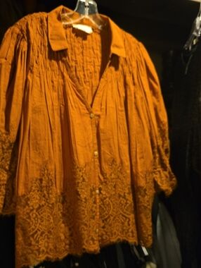 Anthropologie Orange Embroidered Button-Front Tunic